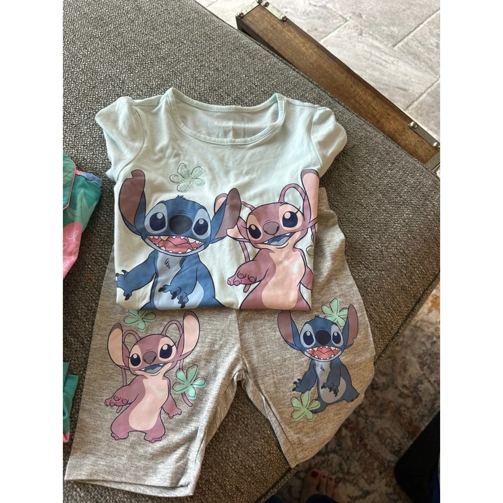 Disney Stitch Angel Girls Pajama Set Lot 2pk  shirts set Teal Blue Grey‎ Size 6